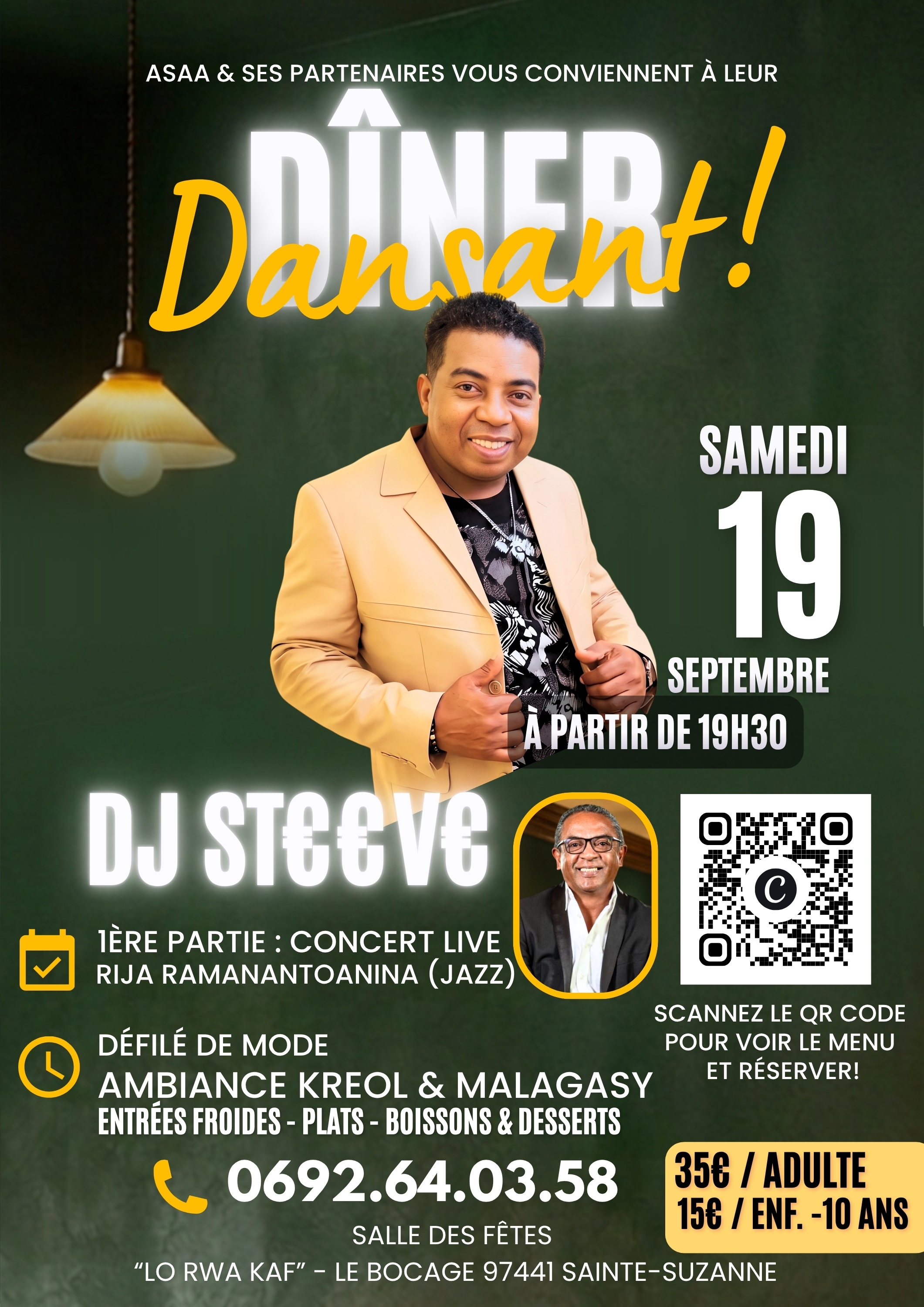 Affiche du Dîner Dansant du 19 septembre avec DJ Steeve, défilé de mode et concert de Rija Ramanantoanina